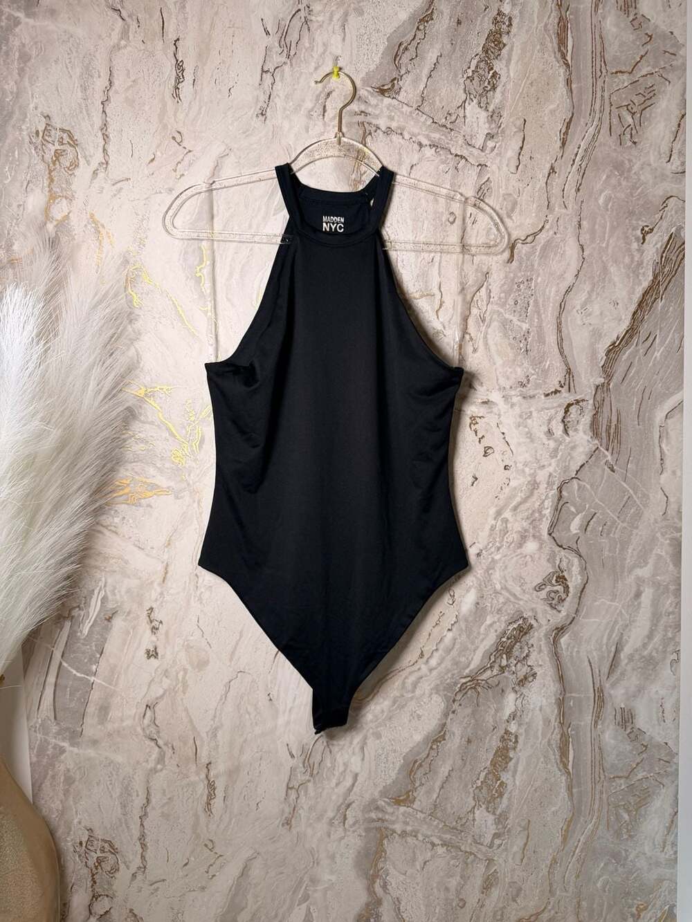 Madden NYC Black High Neck Halter Bodysuit Size L